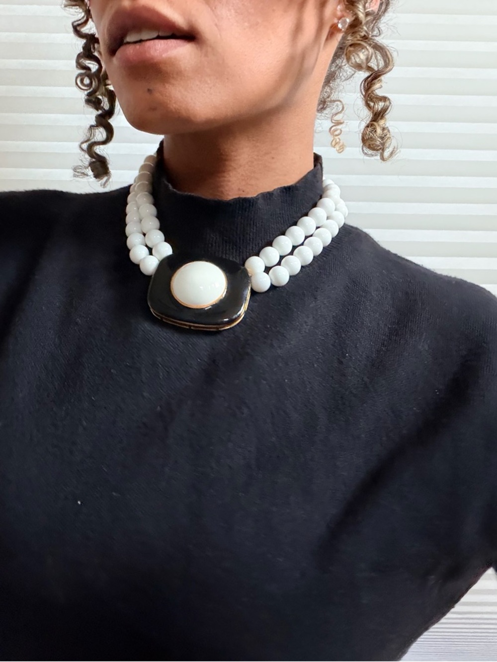 Vintage Double Strand Beaded Statement Necklace – Black & Ivory Cabochon Pendant